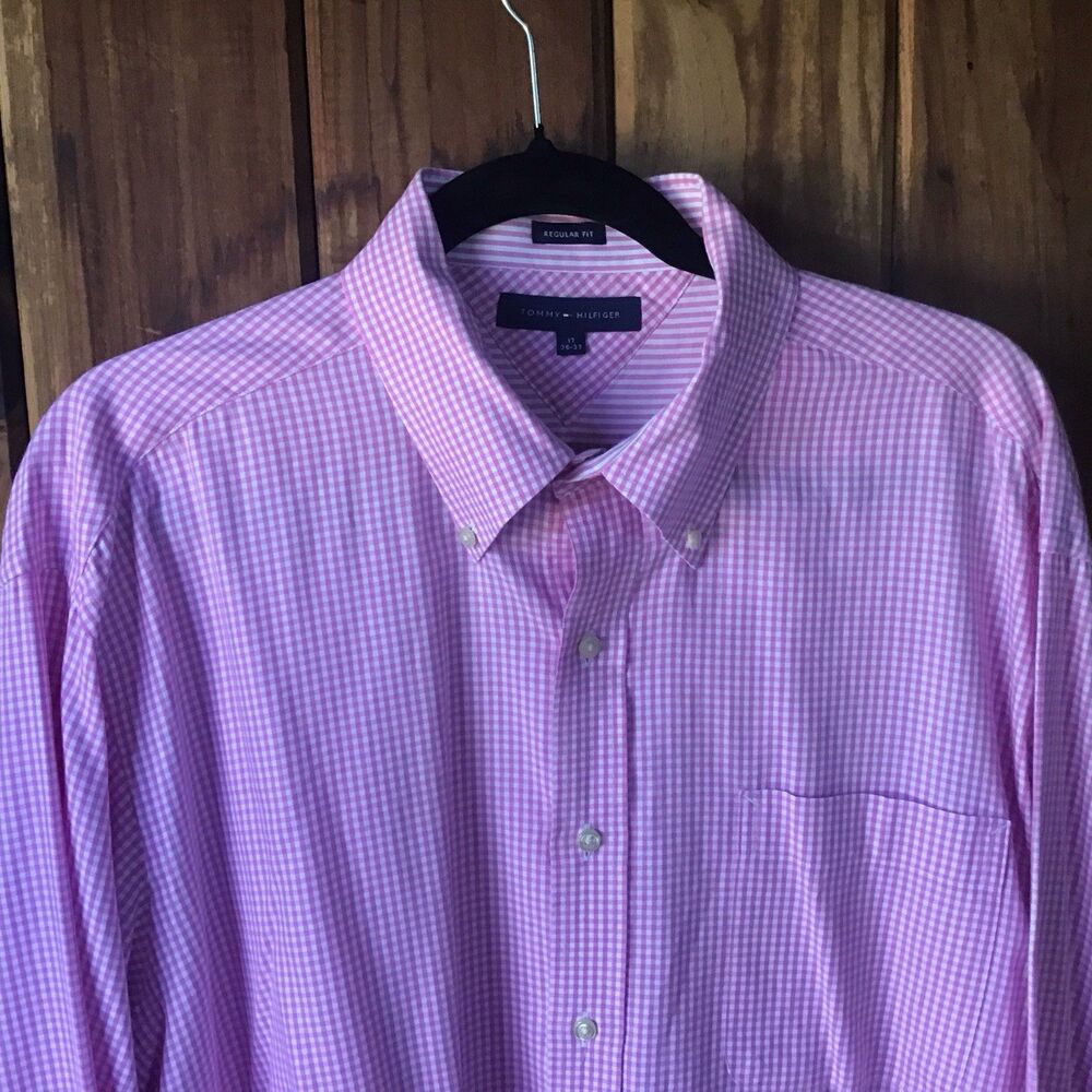 Tommy Hilfiger Shirt Size 17 Pink Plaid Check Button Down Collar Regular Fit